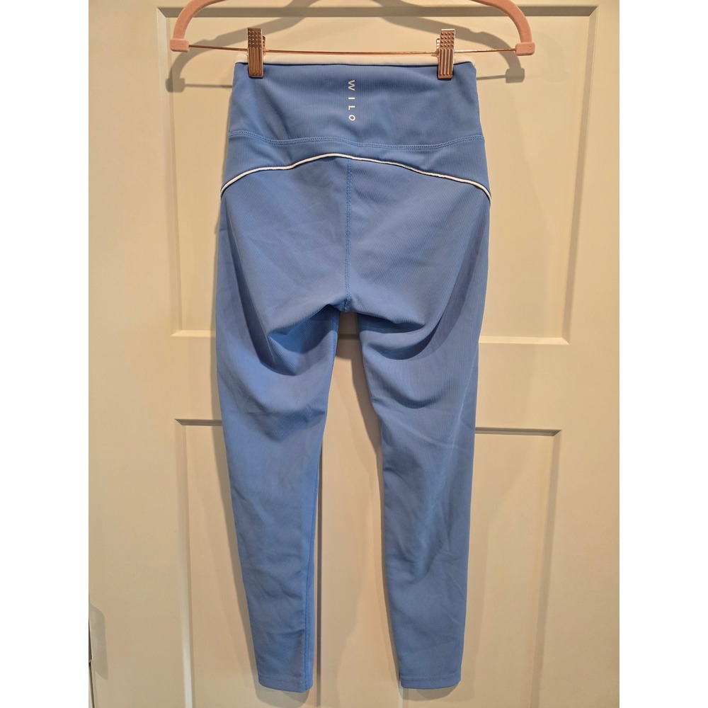 Wilo Ribbed High Waisted Leggings Light Blue White Piping Activewear sz Small